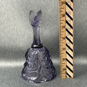 Vintage Fenton Glass Bell Purple Butterfly Handle Draped Design Glows Under UV
